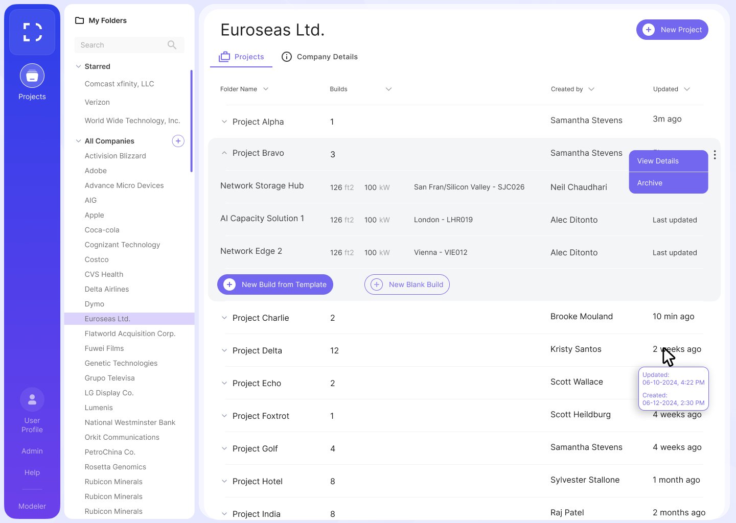 Projects and Companies view — DLR Builder
